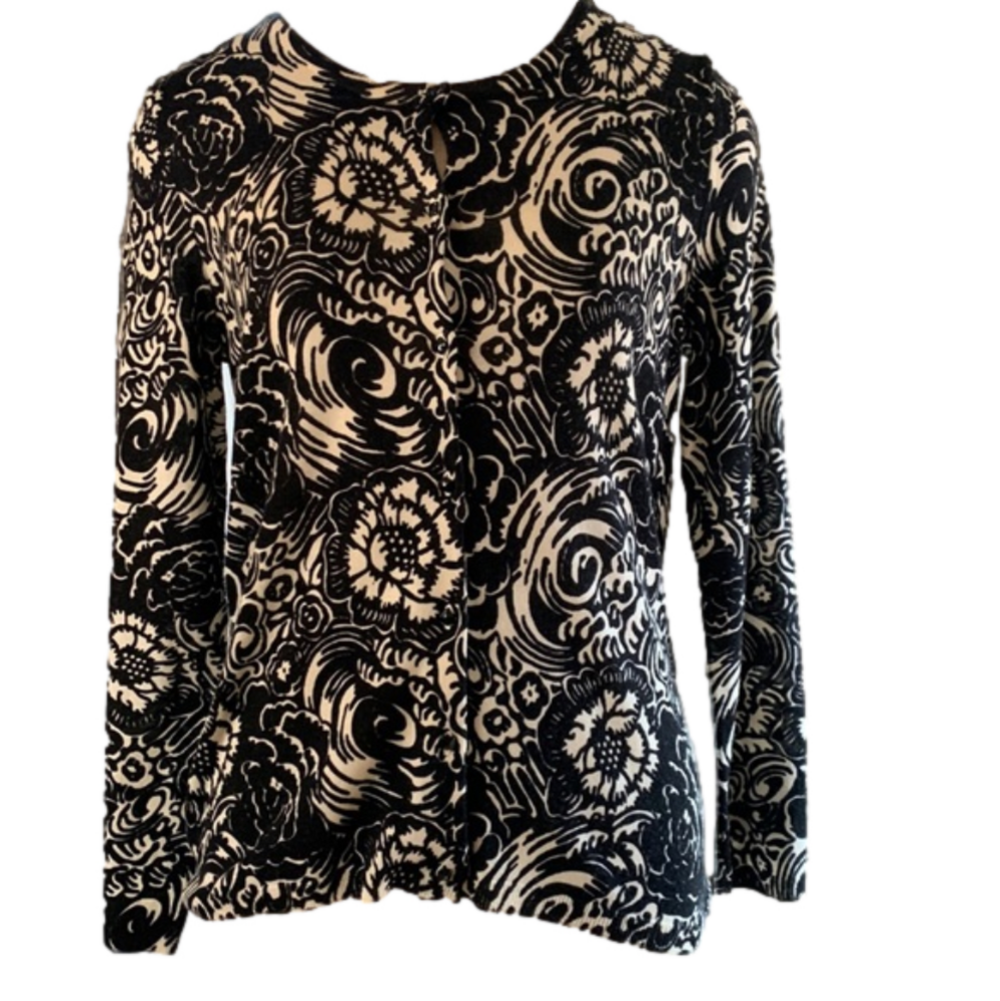 Talbots MP Italian merino wool button down black and cream floral cardigan